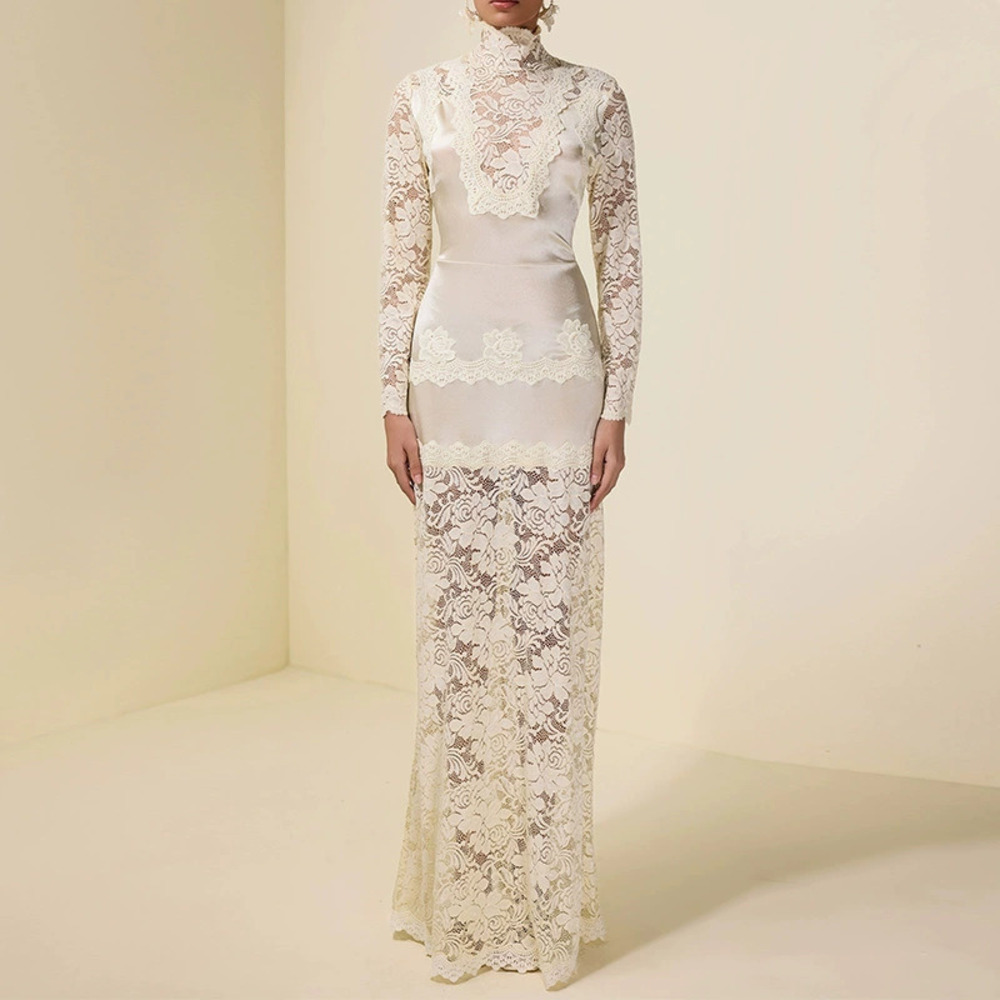 Forever 21 Turtleneck Lace Panel Long-Sleeve Waist Cinching Bodycon Maxi Dress